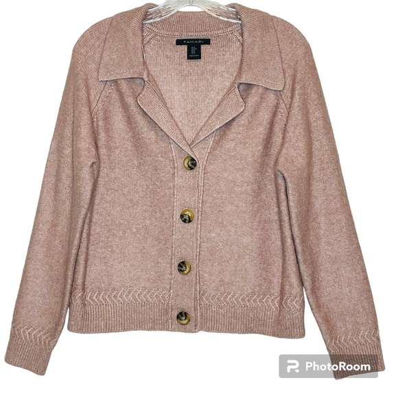 Tahari Sweaters - TAHARI Dusty Rose Blush Collar Cardigan Soft Buttons Arrow Detailing Sweater